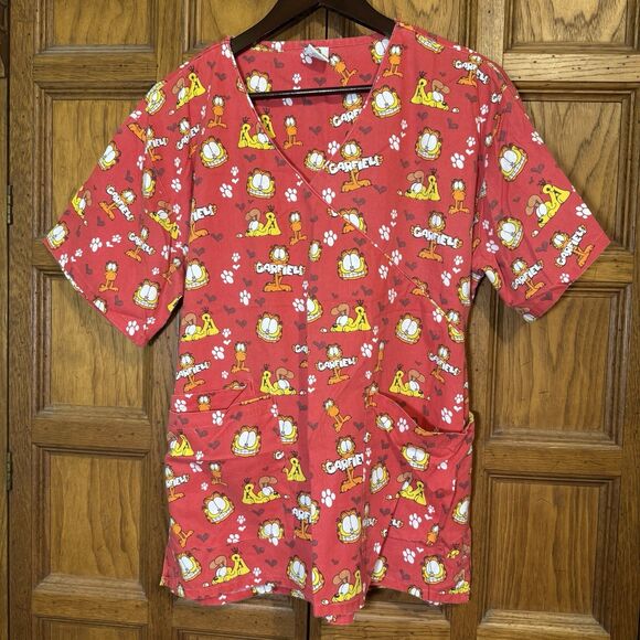 Paws Tops - Garfield & Friends Paws Women L Medical Scrub Top Red Wrap Style Tie Back Pocket